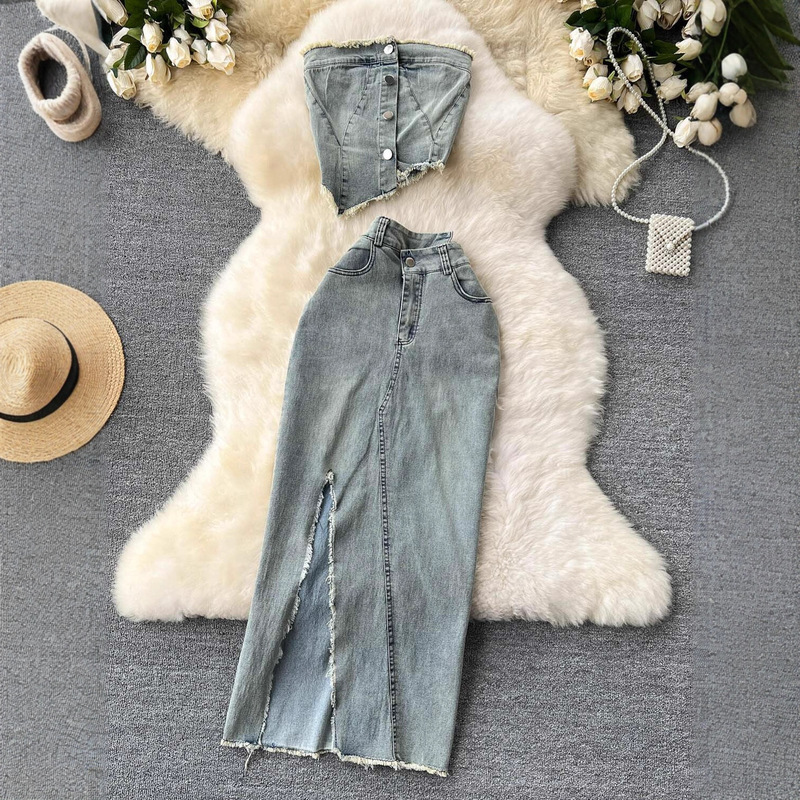 Carefully Selected American Design Denim Suit for Women, Pure Sexy, Irregular Short Tube Top, High Waist Slit Half