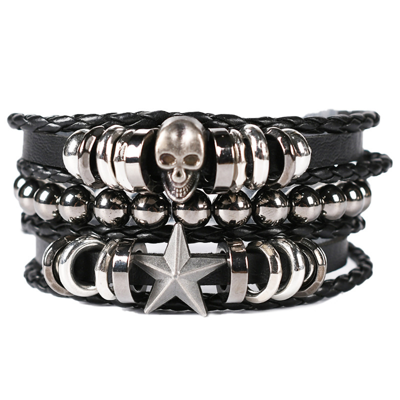 Cross-Border E-Commerce Multi-Layer Men's Leather Bracelet Skull Black Bracelet Pentagram Charm Bracelet Vintage