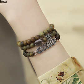 批发天然绿檀木国风手串女款文玩木质多圈复古新中式铜钱手链古风