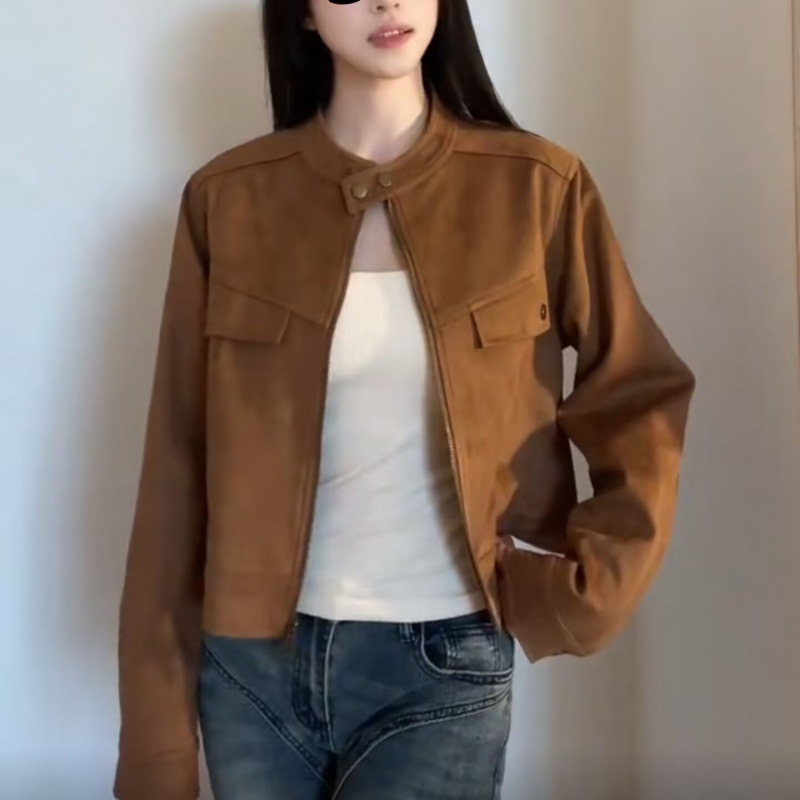 Maillard Suede Stand Collar Casual Tops Women's Autumn 2025 New Small Long Sleeve Short Top Maillard Suede Stand Collar Casual Tops Women's Autumn 2025 New Small Long Sleeve Short Top