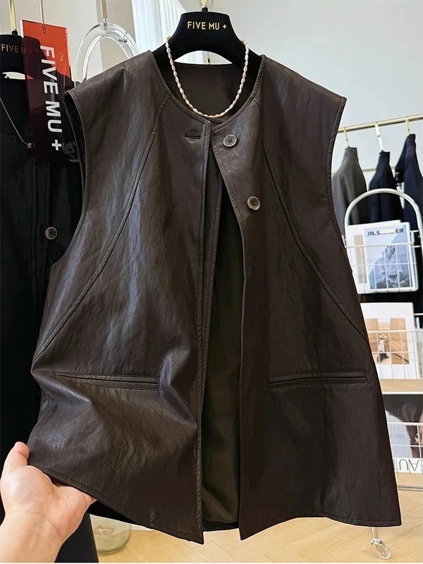 超大码斤欧货覆古圆领皮马甲男女装春秋季设计感宽松叠穿外套