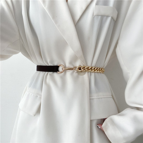 Lazy Person Ins Style Belt with Metal Chain Elastic Waist Belt for Women Decorative Fashion Dress Suit Coat Waist Chain