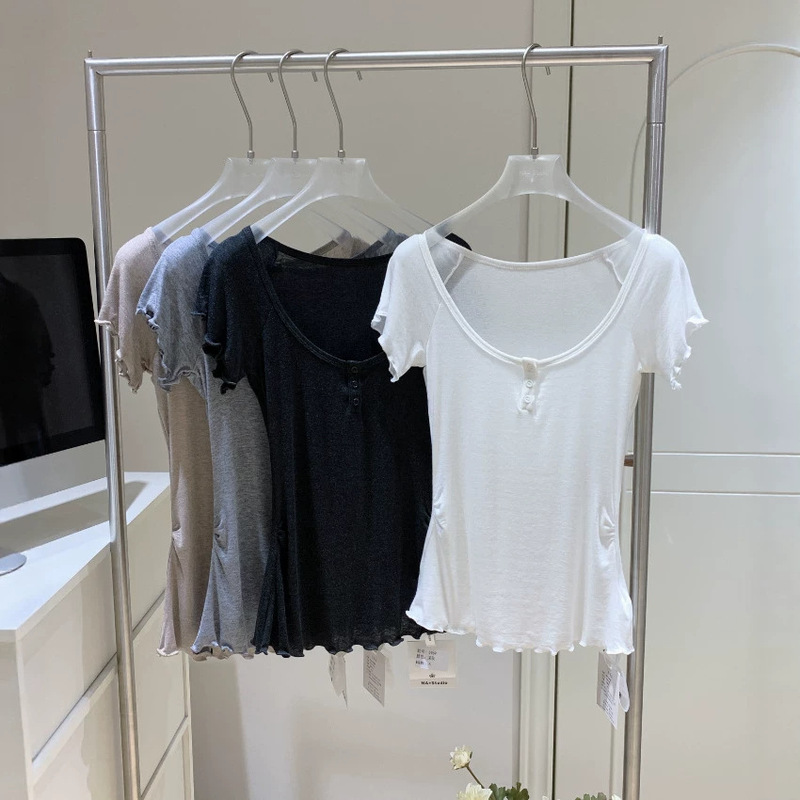 Korean Comic-Style T-Shirt with Tencel Wool, Large U-Neck, Short Sleeves, Women's Summer Skin-Friendly Lightweight Flutter Sleeve Top