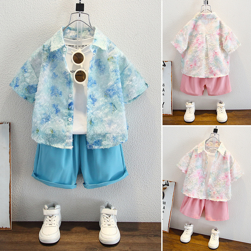 Xiaoxiangfeng ボーイズサマースーツ 2025 新しい半袖花柄シャツ子供服ベビートレンディボーイズ 3 点セット|undefined