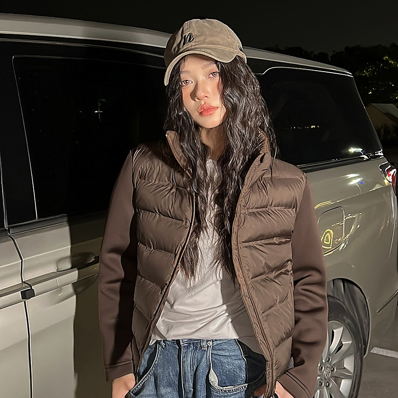 跨境货源批发秋季新品欧美跨境女装休闲袖子拼接棉服外套纯色外套|undefined