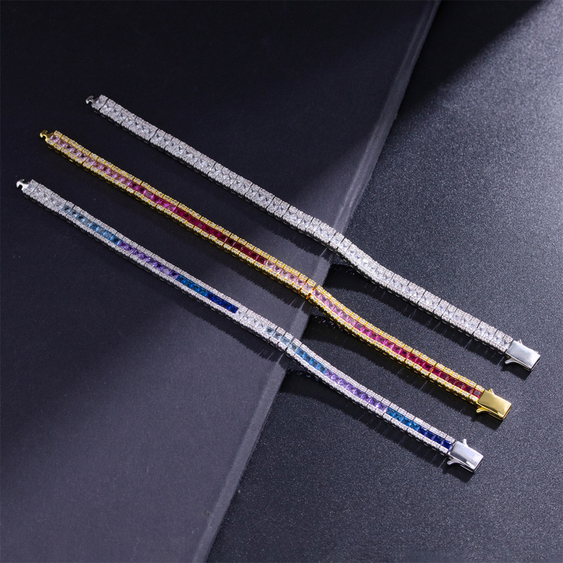 Square Gradient Wuzhou Gem Rainbow Full Diamond Chain Plated Real Platinum Color Sea Blue Zircon Fashion Elegant Bracelet for Women