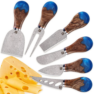 Cross-Border Cream High-End Blue Resin Wooden Handle Kitchen Knife Western Cheese Knife and Fork Cheese Knife Ready for Home Use