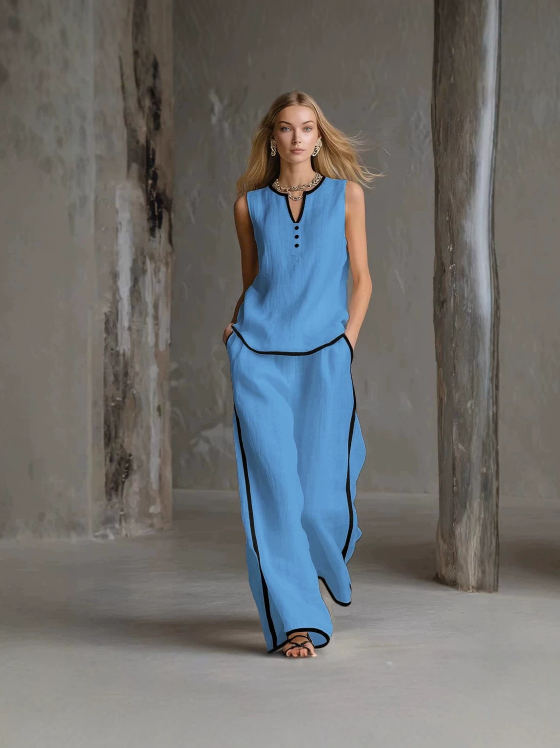Summer Women's Sleeveless V Neck Color Block Wide Leg Pants Set Style Casual Fashion Solid Two Piece_ecoleips.com
