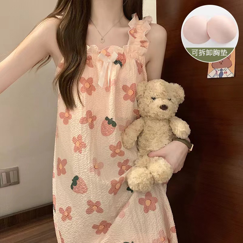 2024 verano colga cojín de pecho pijama niñas lindas dulces cómodas burbujas tela arrugada vestido de dormir ropa de mujer para el hogar