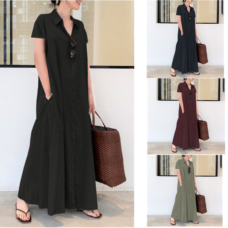 2023 New Cotton and Linen Color-Blocked Lapel Short-Sleeve Pocketed Simple Loose Casual Long Shirt Dress with a Stylish and Professional Look