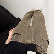 2025秋冬新款做旧斜纹棉牛仔直筒休闲裤女慵懒风烟管裤时尚松紧腰