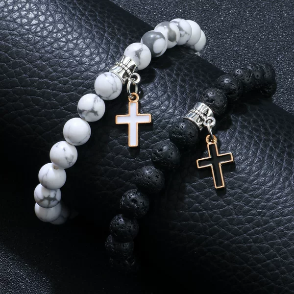 White Turquoise Volcanic Stone Bracelet with Cross Pendant, Natural Stone Versatile Mother's Day Gift, Available in Bulk