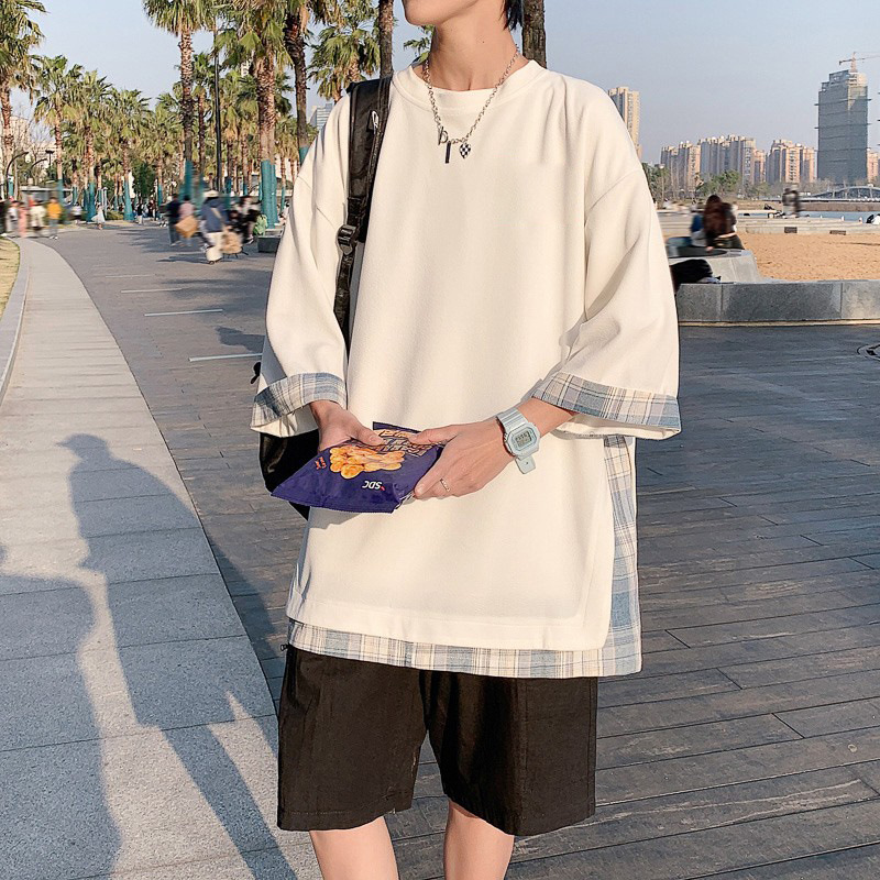 Plaid Stitching Design Sense Niche Seven-point Sleeve T-shirt Men's Summer New Hong Kong Style Tide Brand Ice Silk T-shirt Fashionable Top