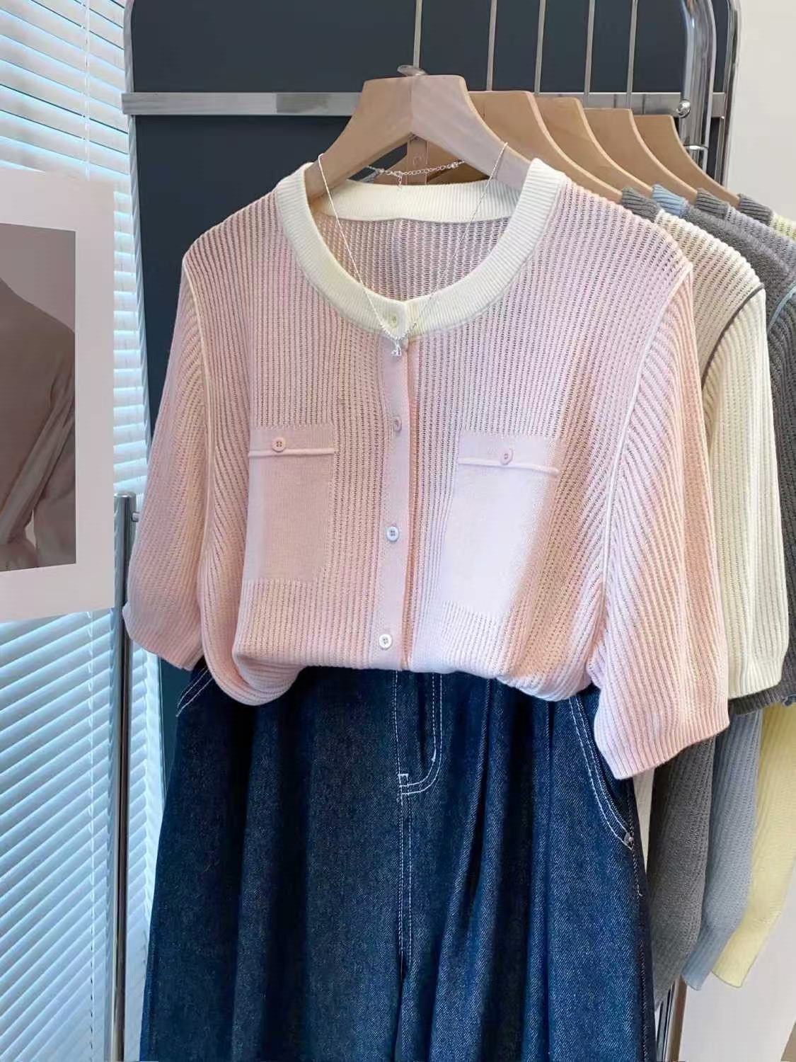 Áo cardigan len nữ cổ tròn rỗng tay ngắn dáng rộng mùa hè — xanh lam, Màu hồng, màu trắng, màu xám chi tiết 4