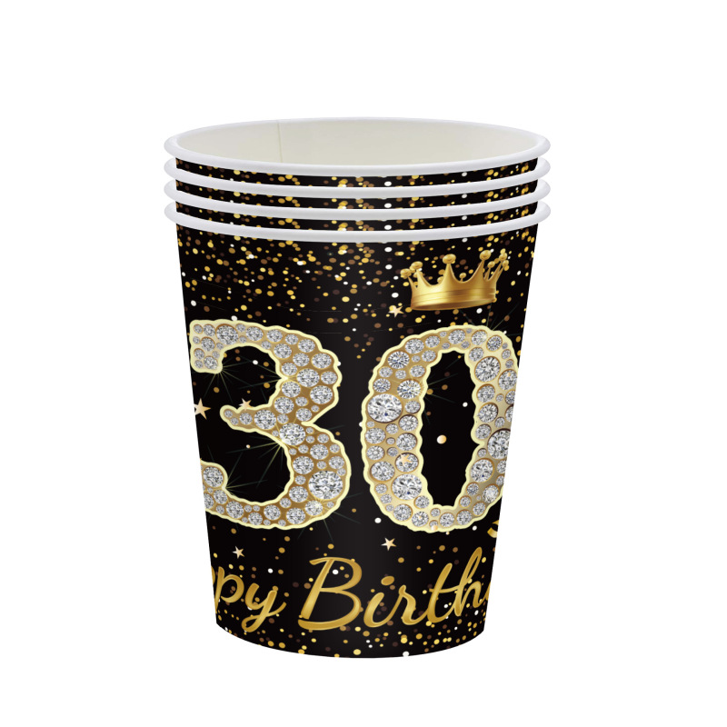 黑金周岁生日派对纸盘21岁30岁100岁纪念日一次性餐盘纸巾桌布|undefined