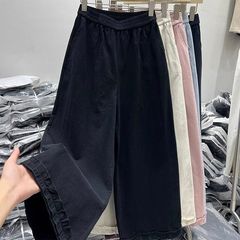 綿質 # 怠惰風純色カジュアルパンツ女装2025春夏デザイン感木耳元九分ワイドパンツ