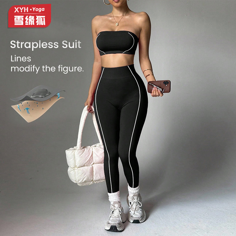 Cross-Border Tk Popular Yoga Outfit Set for Women, Color-Blocked Tube Top, Peach Butt Slimming Pants, Fitness Sportswear