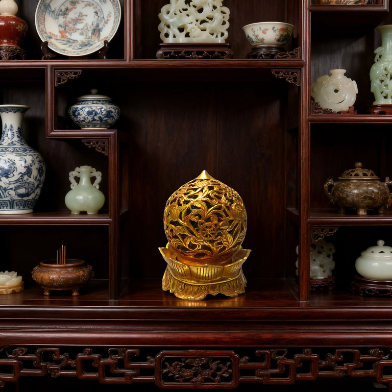 复古黄铜鎏金莲花镂空熏香炉摆件 仿古做旧工艺品 文创市集老物件|undefined