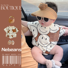 0-2歲卡其色滿印笑臉男女寶寶三角包屁衣潮款嬰幼兒洋氣哈衣爬服