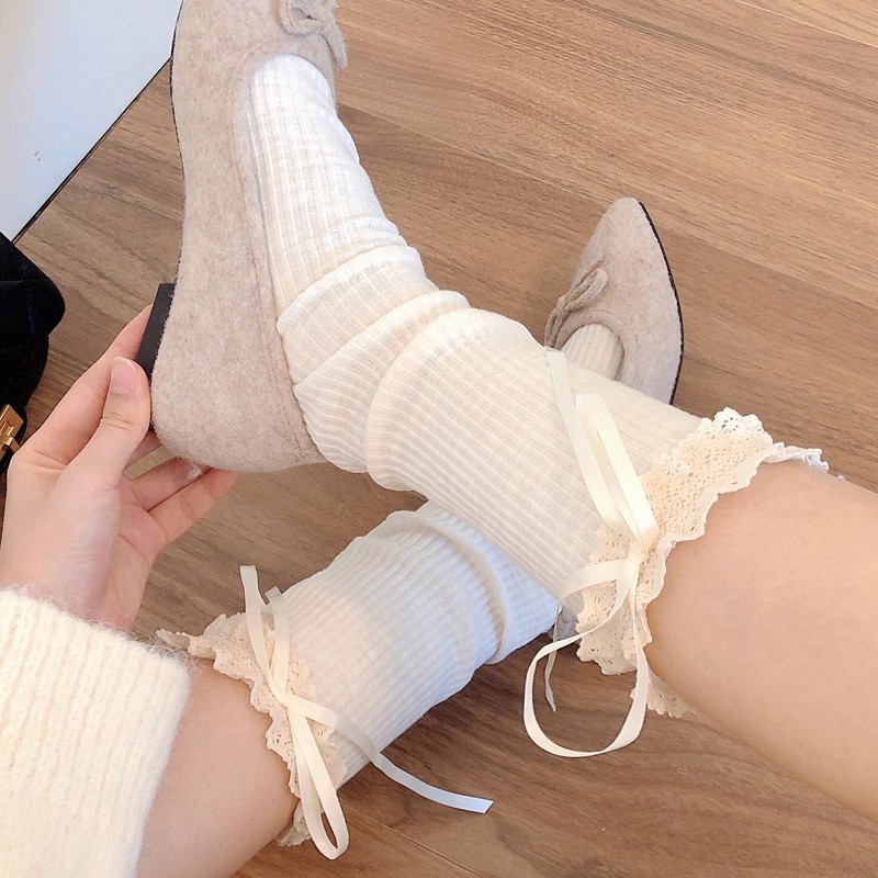 Calcetines de pantorrilla de encaje blanco para mujeres otoño y invierno gruesas calcetines de pila gris mediana calcetines de arco marrón