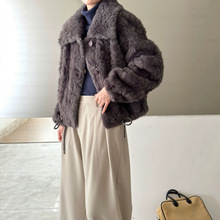 仿花狐貂仿皮草大翻领插肩袖长袖单排多扣抽绳收腰麂皮绒环保貂女