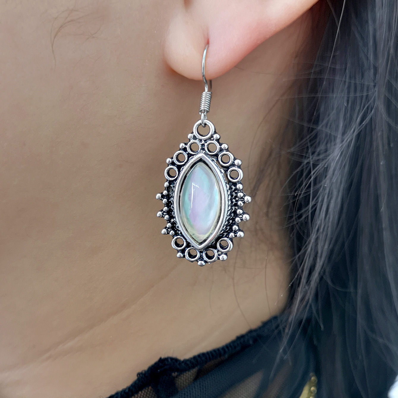 new shiny shell moonstone earrings creative retro inlaid gemstone earrings
