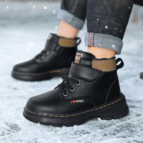 Children's Martin Boots with Fleece, Boys' Winter Student Black Cotton Leather Shoes, New Fall and Winter Boys' Leather Boots
