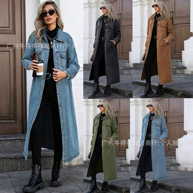 New cross-border Amazon European and American loose denim coat, long trench coat for women, autumn and winter outerwear, foreign trade top