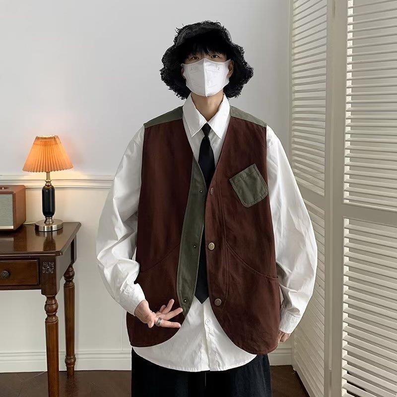Spring and Autumn New ins Japanese retro contrast color workwear vest men's trendy loose V-neck trendy sleeveless vest jacket trendy Spring and Autumn New ins Japanese retro contrast color workwear vest men's trendy loose V-neck trendy sleeveless vest jacket trendy