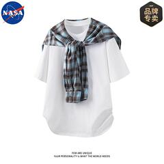 NASAOVER カップルカジュアルハイストリートショール半袖ツーピースセットメンズ夏ルーズトレンドファッション Tシャツトップ