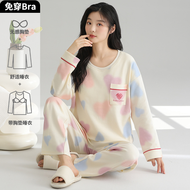 Pijama de mujer otoño y invierno pantalones de mangas largas con cojín de pecho suelto encantador traje deportivo casual de dibujos animados ropa para el hogar