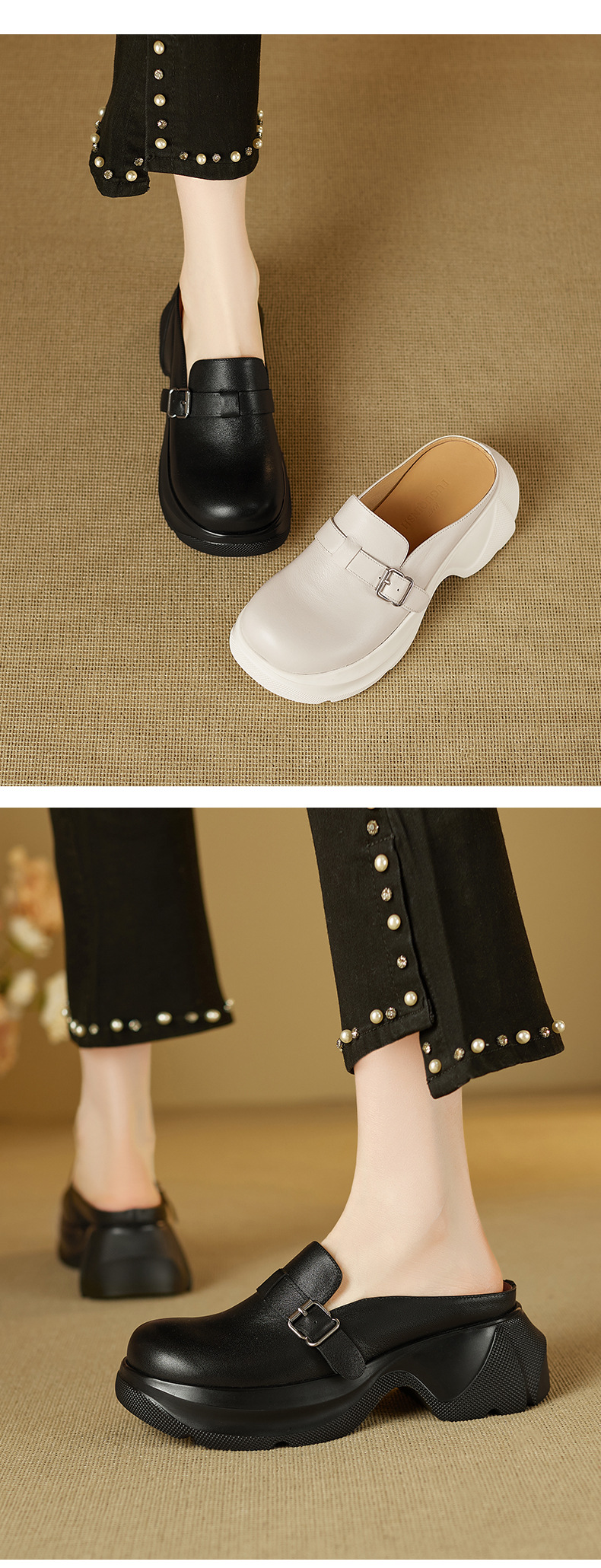 Dép sandal nữ mũi nhọn da bò thật đế dày gót cao 7 cm — đen chi tiết 3