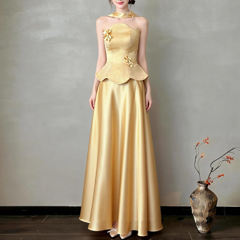 New Chinese-Style Strapless Evening Dress for Women, Gold Embroidered Long Gown Set, Light Luxury Bridal Engagement Banquet Toast Dress, Morning Robe New Chinese-Style Strapless Evening Dress for Women, Gold Embroidered Long Gown Set, Light Luxury Bridal Engagement Banquet Toast Dress, Morning Robe