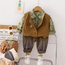 2023衬衫秋装男童纯色休闲马甲三件套童装中小童工装套装一件代发