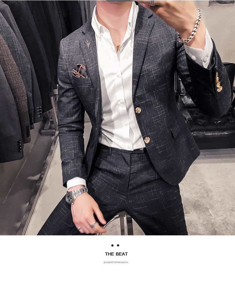 Men's Slim Fit Suit With Dark Pattern Two Button Jacket And Trousers_voghion.com
