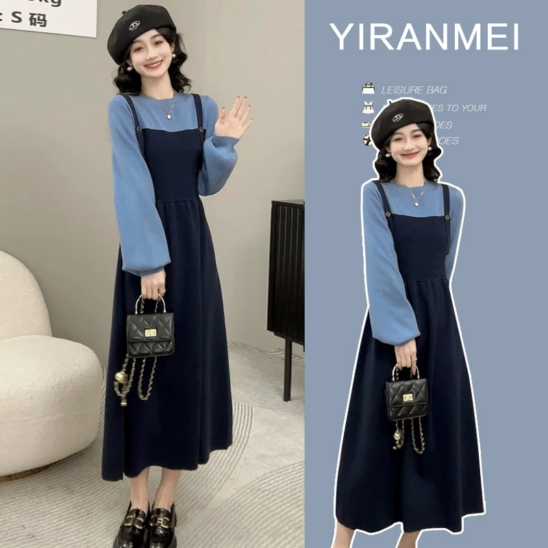 Платье для беременных осень-зима 2024, новая модная универсальная модель, синий, на бретелях, имитация двухслойного, контрастный цвет, вязаный свитер для кормящих мам