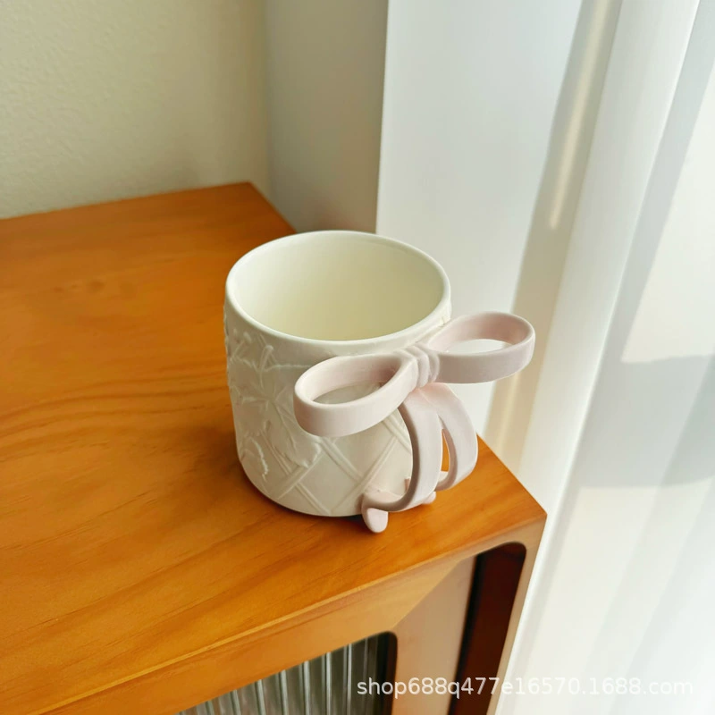 Matte Ceramic Tea Cup with Bow Handle, 380 ml, Microwave & Dishwasher Safe