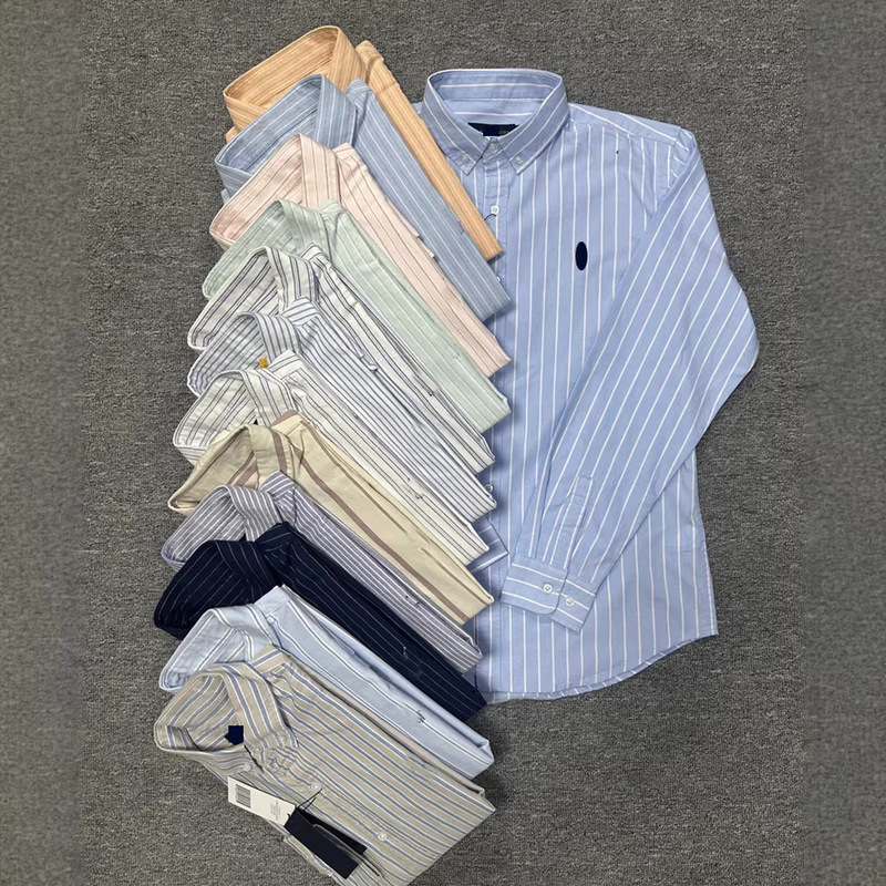 Spring and Autumn Rl Pony Logo Long-Sleeved Shirt Men's Cotton Oxford Striped Casual Business Non-Iron Youth Men's Shirt