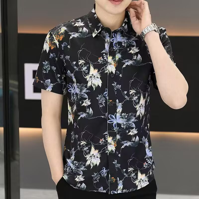 Cross-Border Printed Shirt Men's Short-Sleeved Summer Trendy Thin Ice Silk Half-Sleeved Shirt Men's Casual Right Shoulder Shirt