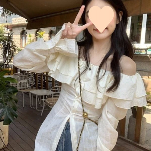Woman's Summer French-style Collar Shirts with Lotus Leaf Edge, Korean Style Design, Unique and Niche One-Shoulder Waist-Tucking Long-Sleeve Top