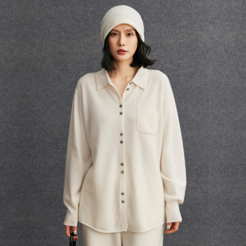 Row-Style Old Money Fashion ~ 12-Gauge Single-Ply Cashmere Polo Cardigan with Tie Pocket and Single-Breasted Lapel Jacket