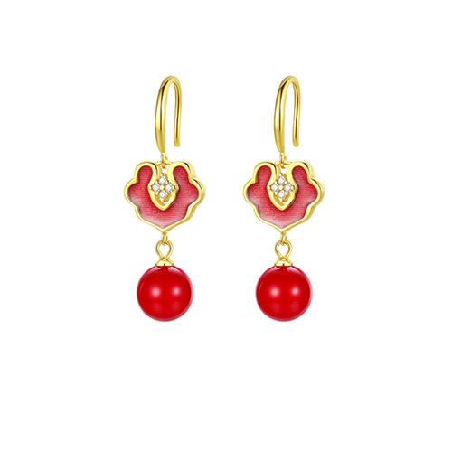 Guochao Silver Earrings with Red Oil Drip, Diamond Inlay, and Pearl Drops - Simple and Elegant Christmas and New Year Earrings for Women