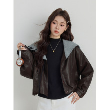 复古休闲宽松短款针织大翻领拼接机车皮衣外套女十三行女装高级感