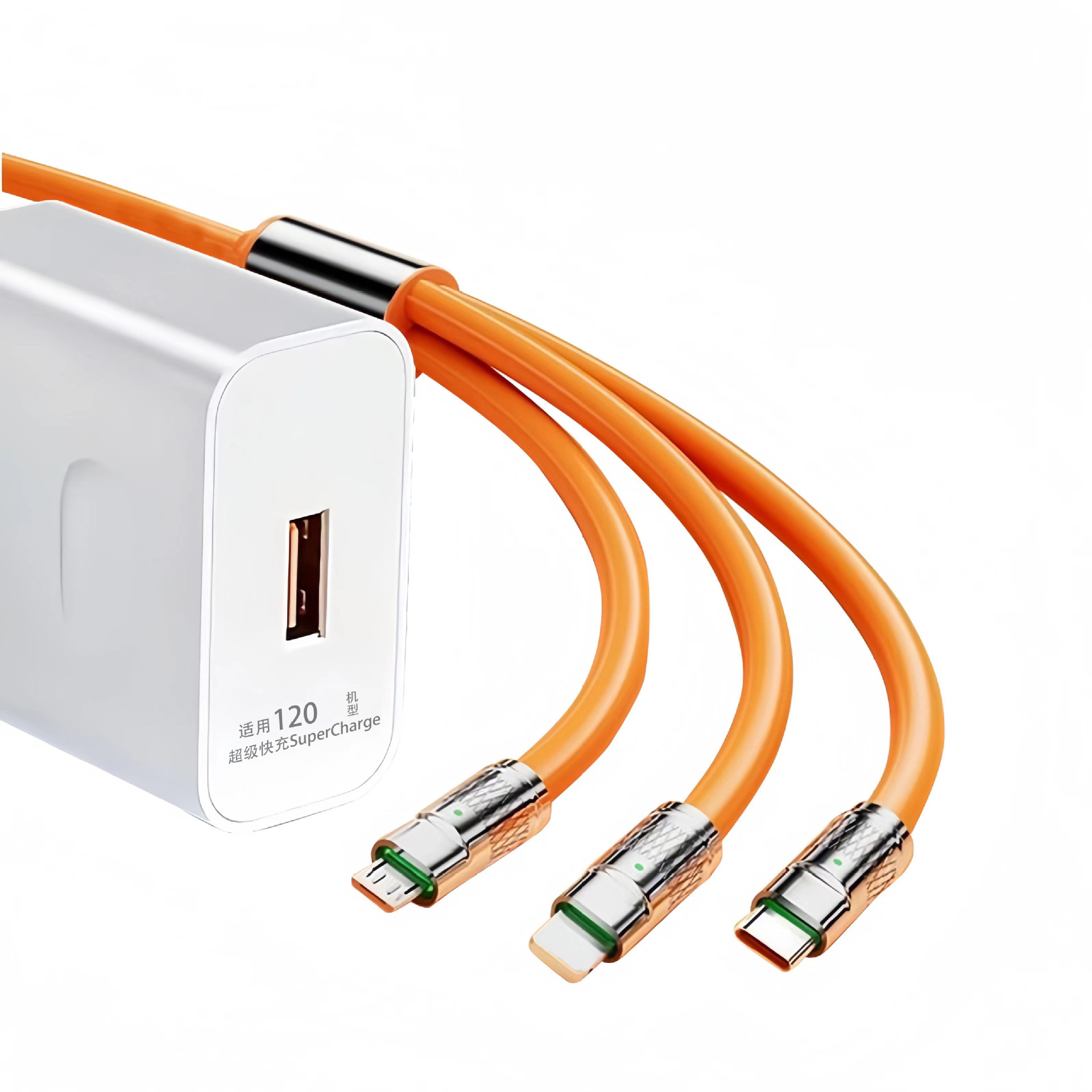 Aplicable a Huawei Android cabeza de carga de aleación de zinc máquina línea de pasajeros conjunto de un cable de datos de tres 120 cargador de teléfono móvil