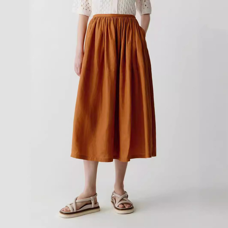 Xiaohejia spring and summer new linen plain A- line style smooth comfortable soft intellectual mid-length skirt