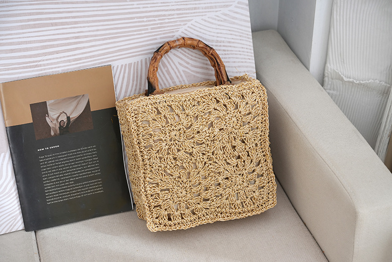 Strohtasche Mit Bambusgriff Und Blumen-applikation Für Damen_voghion.com