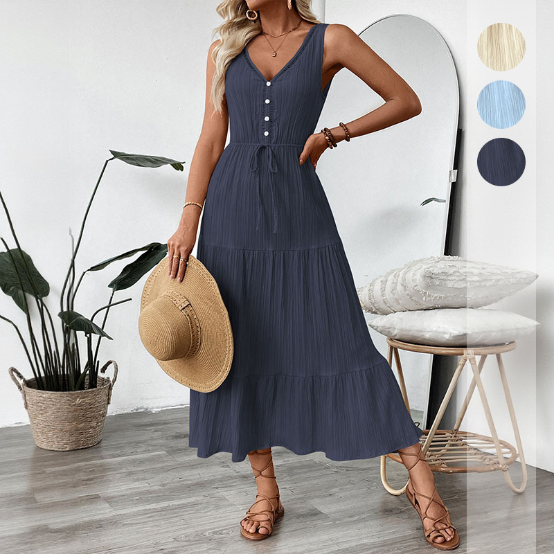 European and American Cross-Border Hot-Selling Vacation Casual Simple Long Dress Basic Style Tie-Up Sleeveless V-Neck Solid Color Summer Dress