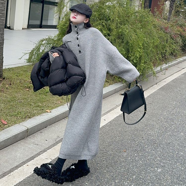 废土风小个子毛衣裙长款灰色针织连衣裙2024秋冬新款韩版毛衣裙子