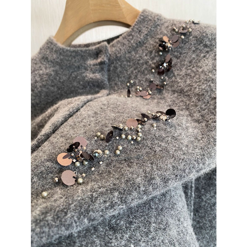 Aesthetic Hits the Heart! ! so Beautiful~ Heavy Weight Bright Beaded Glitter Wool Round Neck Knitted Cardigan