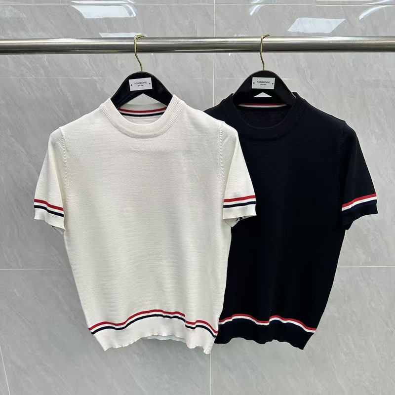 Factory Direct Sale Tb Color-Striped Trim Round-Neck Pullover Short-Sleeve Casual Versatile Simple Unisex Short-Sleeve Knit Shirt